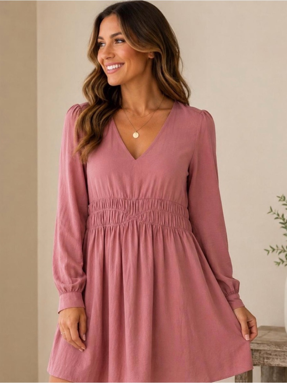 Long Sleeve V-Neck Smocked Waist Dress in Dusty Rose